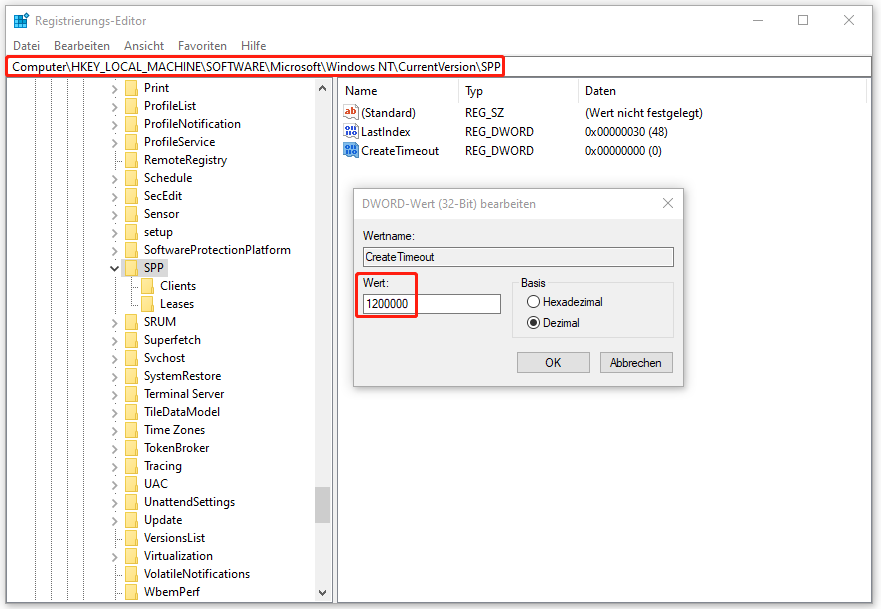 Wert von CreateTimeout im Registrierungs-Editor ändern