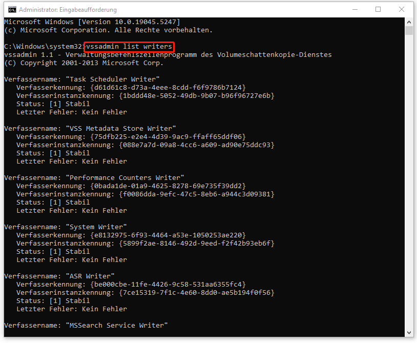 Status von VSS Writers in der Eingabeaufforderung überprüfen