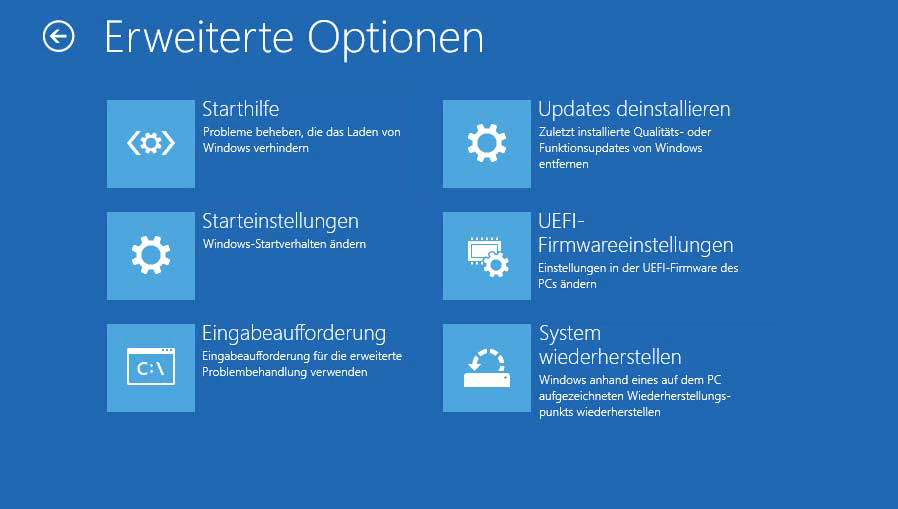 auf dem Bildschirm „Erweiterte Optionen“ wählen Sie „Starteinstellungen“