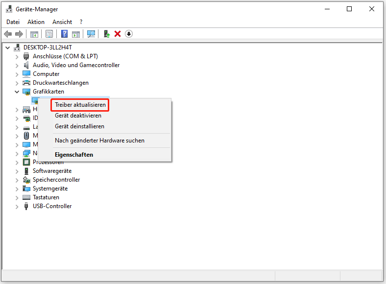 Klicken Sie mit der rechten Maustaste auf Ihre Grafikkarte und wählen Sie Treiber aktualisieren