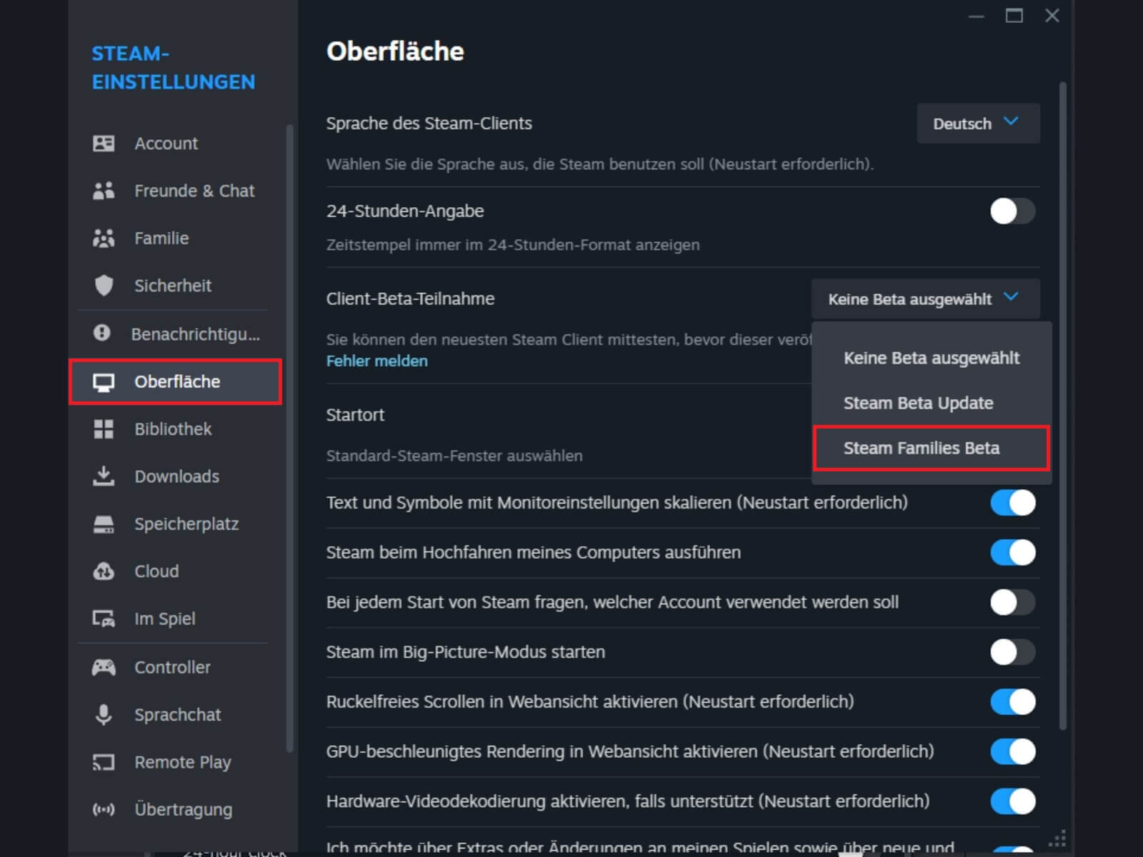 Steam Families Beta auswählen