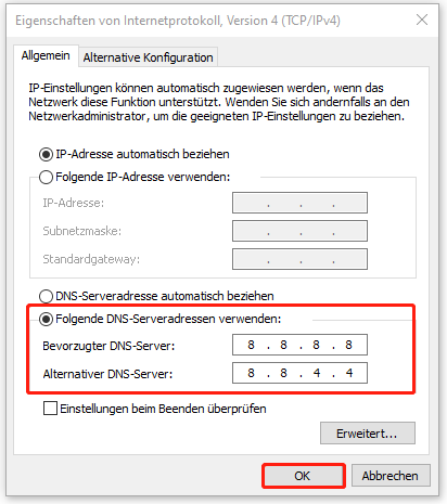 DNS-Servereinstellungen über die Systemsteuerung ändern