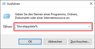 Geben Sie %localappdata% im Ausführungsdialogfeld ein und drücken Sie die Eingabetaste.