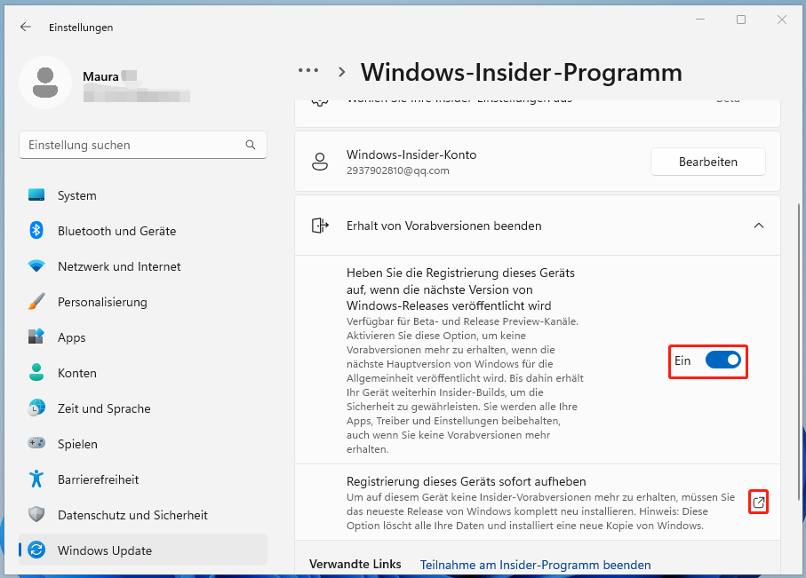 Erhalt von Vorabversionen über Windows Update beenden