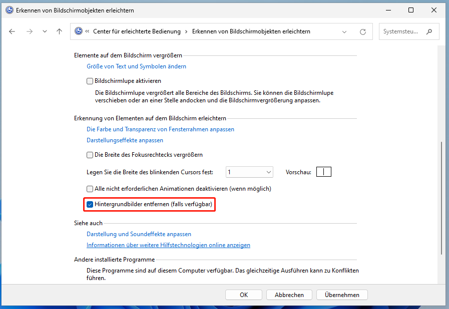 Option „Hintergrundbilder entfernen (falls verfügbar)“ aktivieren