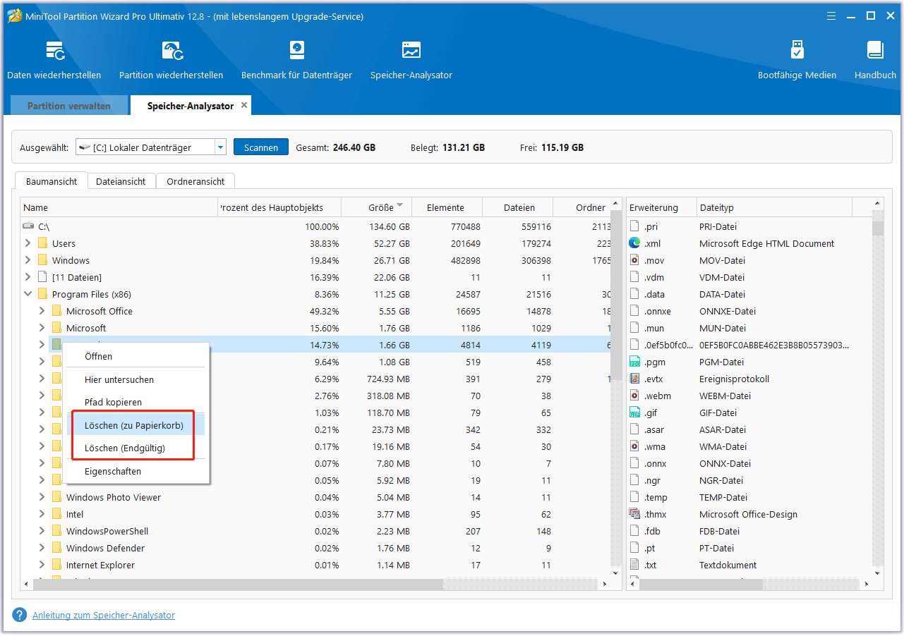 Unnötige Dateien in MiniTool Partition Wizard löschen