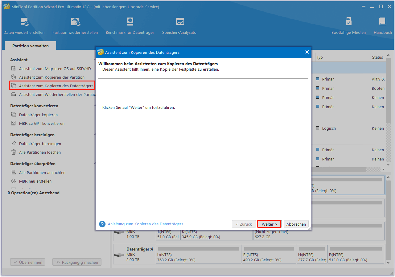 Assistent zum Kopieren des Datenträgers von MiniTool Partition Wizard verwenden