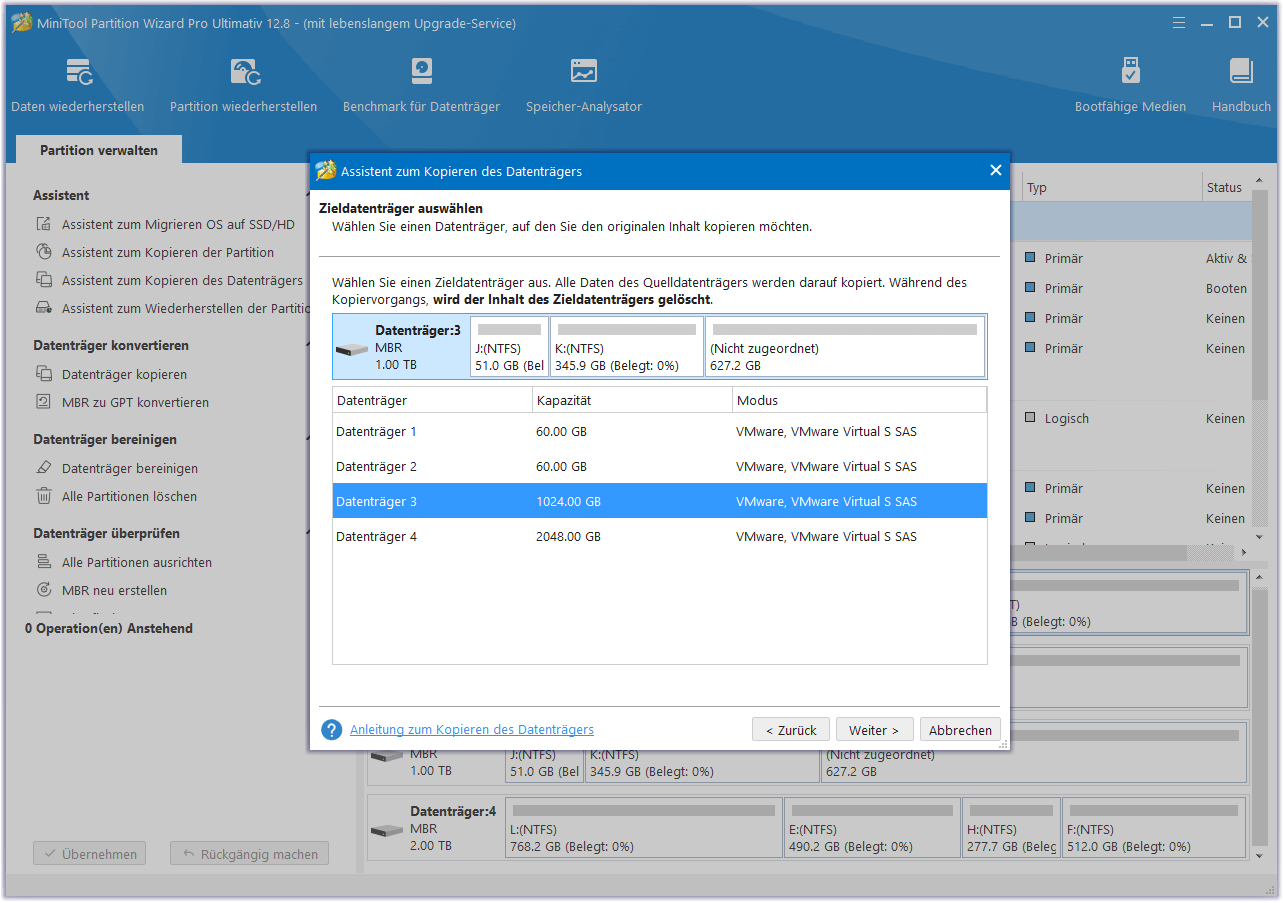 Auswahl des Zieldatenträgers in MiniTool Partition Wizard