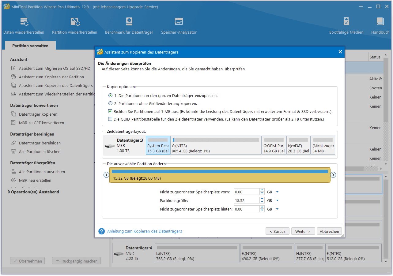 Klonoptionen in MiniTool Partition Wizard für Zieldatenträger festlegen