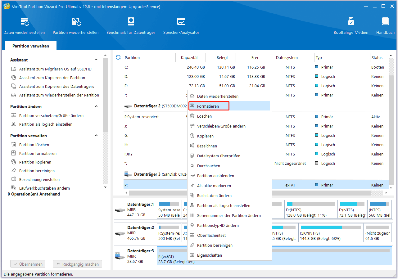 Wählen Sie Partition formatieren in MiniTool Partition Wizard