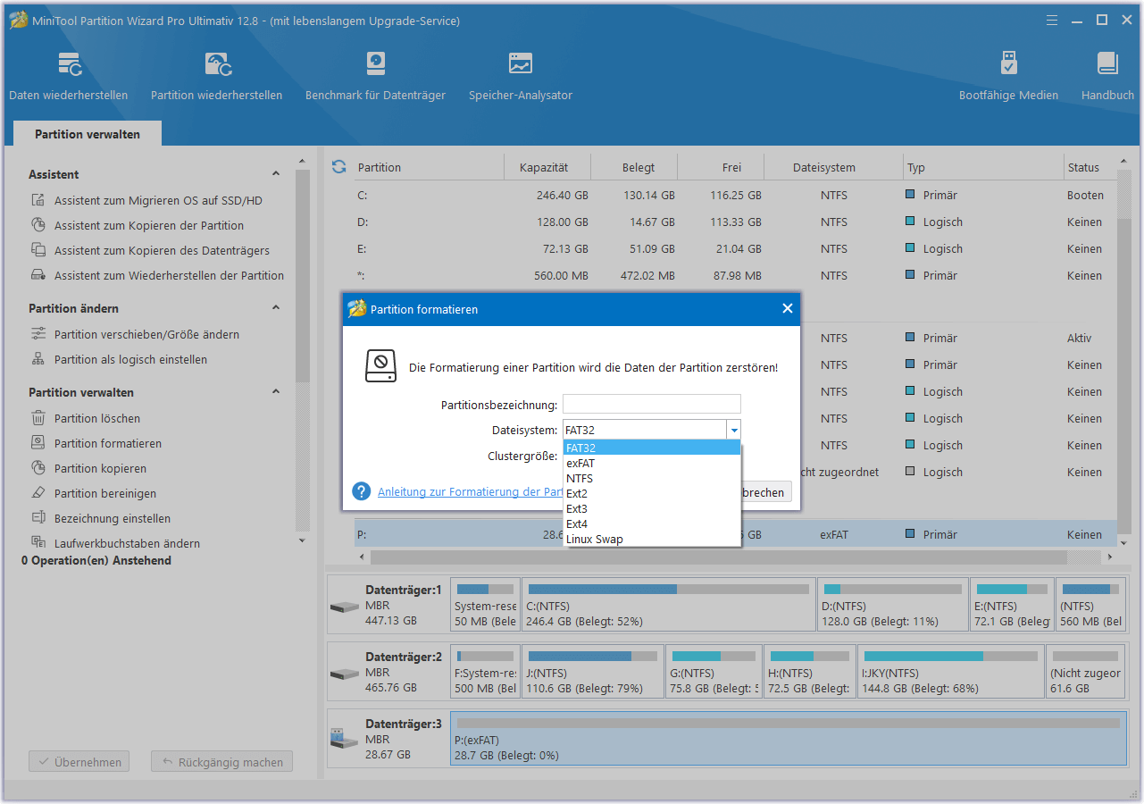 Wählen Sie FAT32 aus dem Menü in MiniTool Partition Wizard