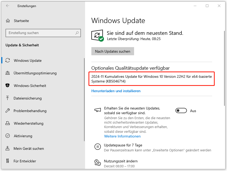 KB5046714 über „Windows Update“ herunterladen und installieren