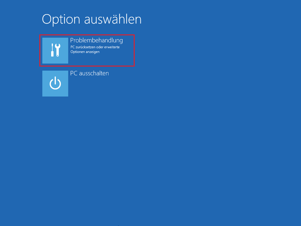 auf dem Bildschirm „Option auswählen“ klicken Sie auf „Problembehandlung“