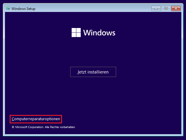 Computerreparaturoptionen im Windows Setup-Fenster wählen