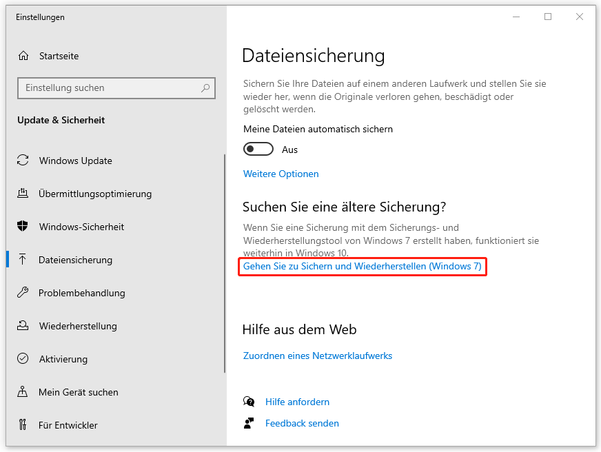 in Sicherungseinstellungen auf den Link „Gehen Sie zu Sichern und Wiederherstellen (Windows 7)“ klicken