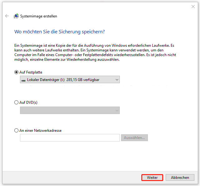 M.2-SSD als Speicherort für die Windows-Sicherung auswählen