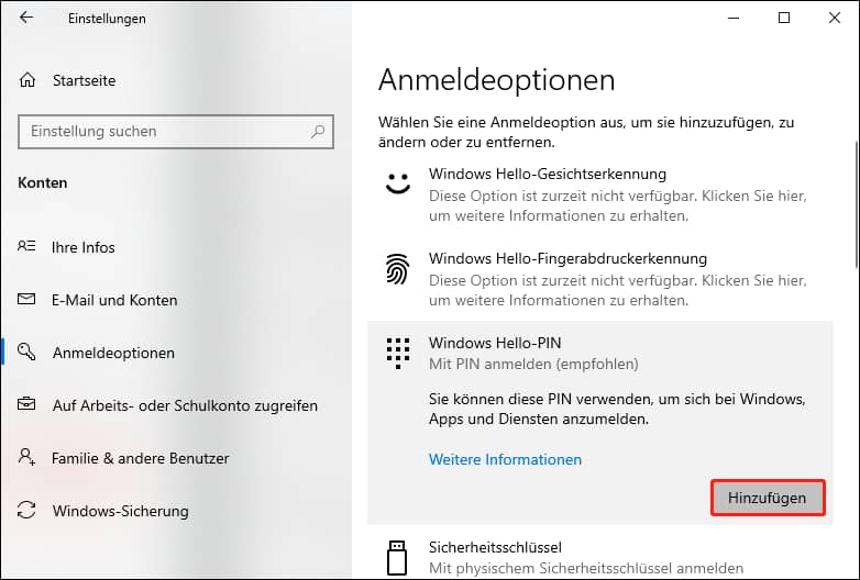 Kehren Sie zu Windows Hello-PIN zurück und klicken Sie auf Hinzufügen