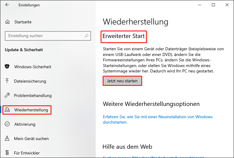 Klicken Sie auf die Schaltfläche Jetzt neu starten