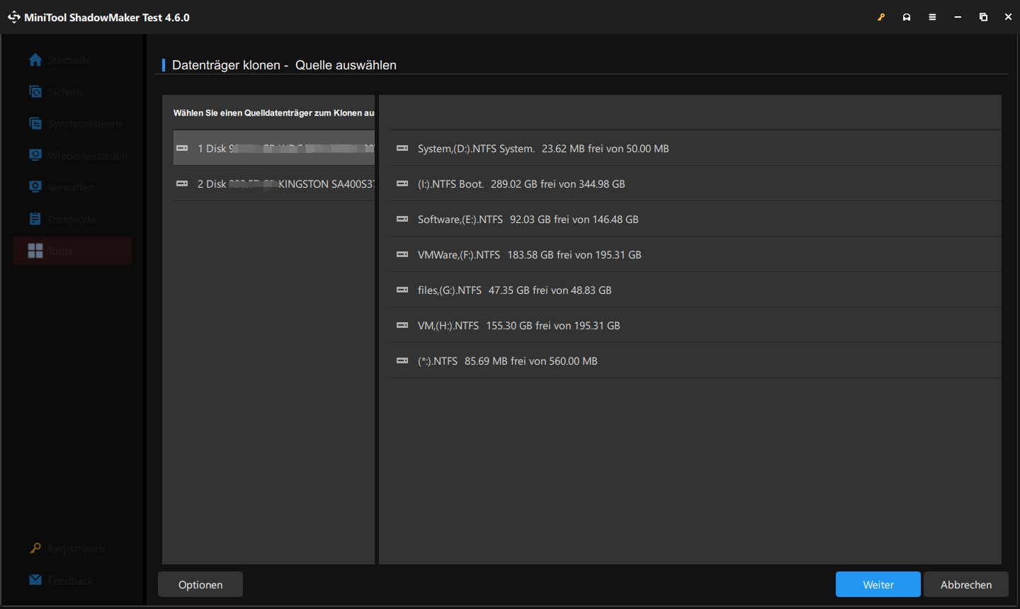 Quell- und Zieldatenträger in MiniTool ShadowMaker für das Klonen auswählen