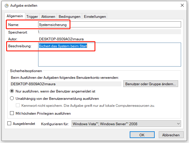 einen Aufgabennamen und eine Beschreibung für eine Aufgabe in der Aufgabenplanung eingeben