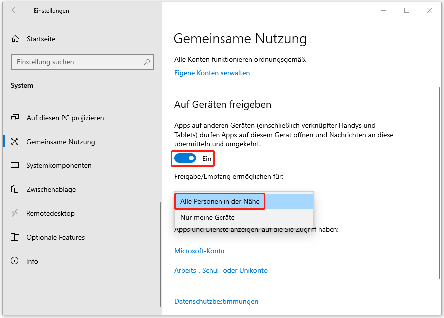 Freigabe für alle Personen in der Nähe über die Windows-Einstellungen ermöglichen