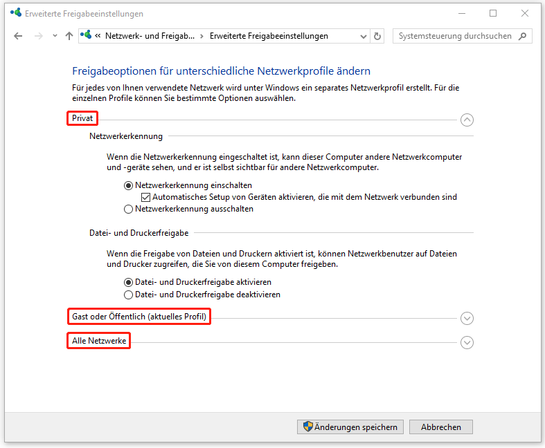 Freigabeoptionen für unterschiedliche Netzwerkprofile in der Systemsteuerung ändern