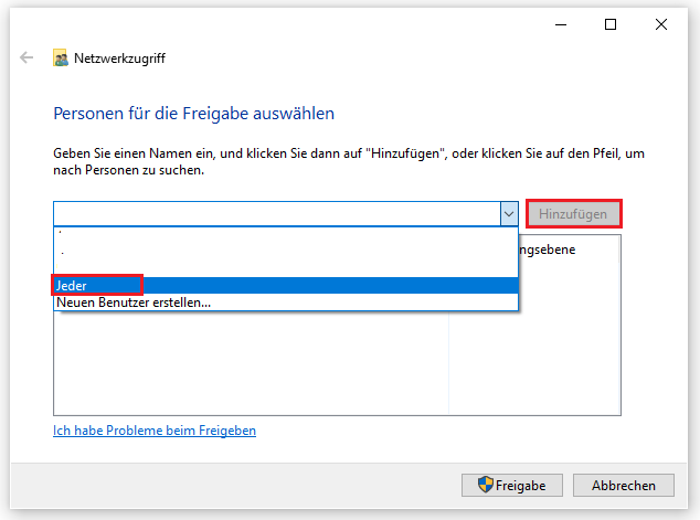 Für die Freigabe eines Ordners die Option „Jeder“ auswählen