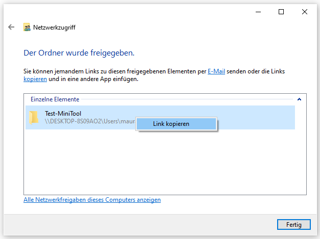 Link des freigegebenen Ordners kopieren