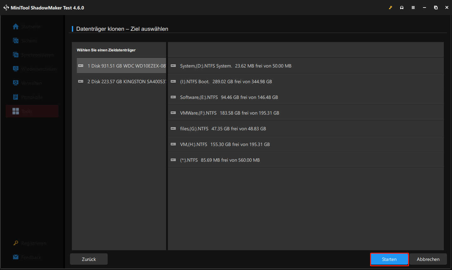 zum Start des Klonens klicken Sie in MiniTool ShadowMaker auf „Starten“