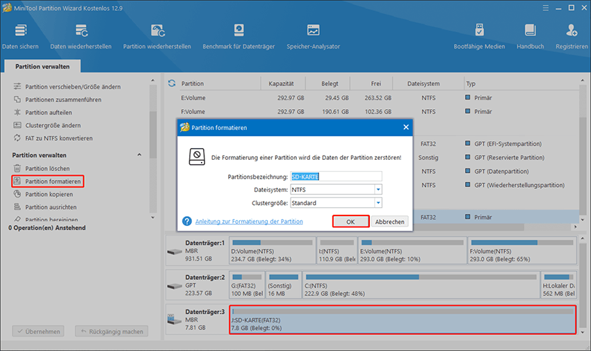 Formatieren Sie die Ext4-Partition zu NTFS in MiniTool Partition Wizard