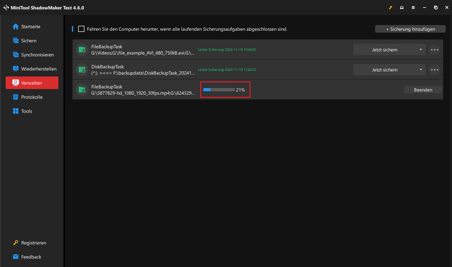Sicherungsfortschritt auf der Registerkarte „Verwalten“ in MiniTool ShadowMaker überprüfen