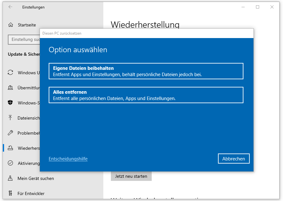 wählen Sie entweder „Eigene Dateien beibehalten“ oder „Alles entfernen“