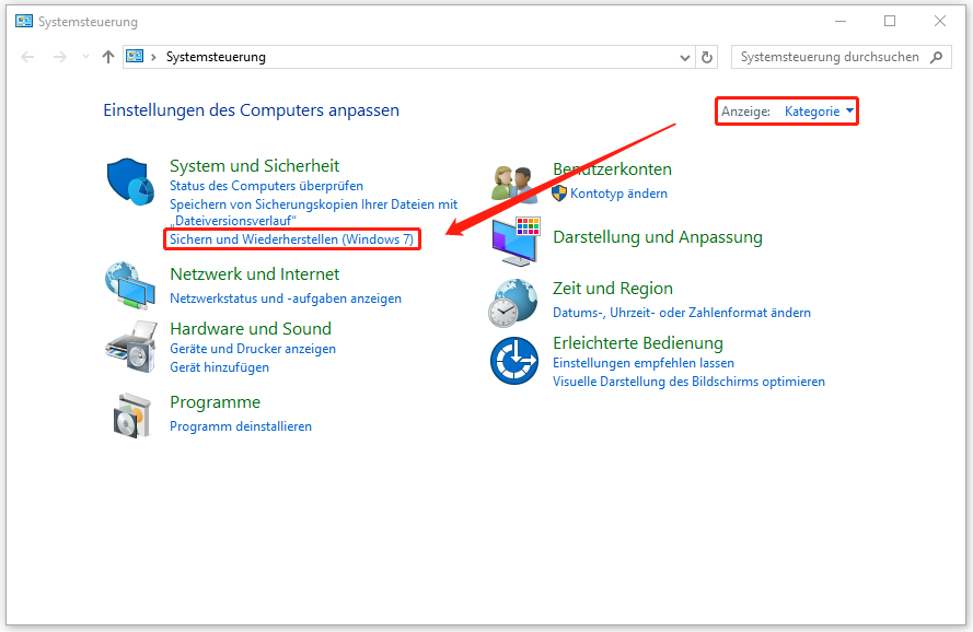 klicken Sie in der Systemsteuerung auf „Sichern und Wiederherstellen (Windows 7)“