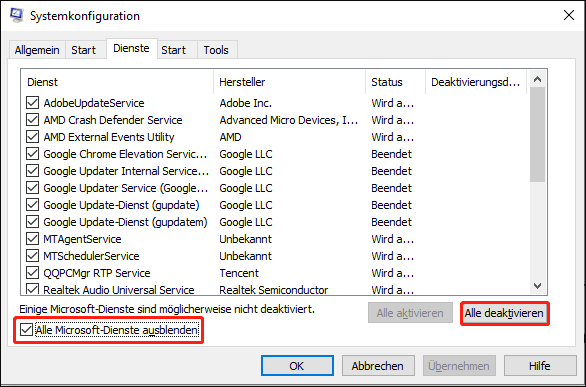 Deaktivieren Sie alle Microsoft-Dienste über die Systemkonfiguration