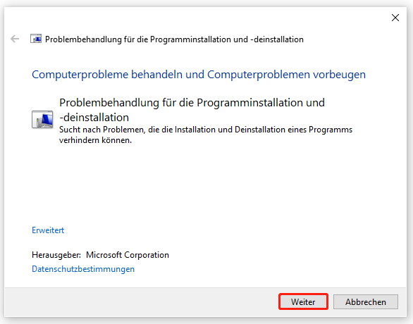 Problembehandlung für die Programminstallation und -deinstallation ausführen