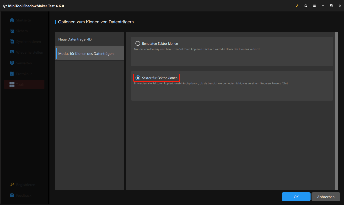 die Option „Sektor für Sektor klonen“ aktivieren