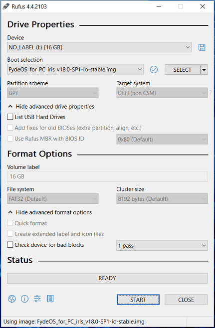 ein bootfähiges USB-Laufwerk mit der FydeOS ISO-Datei über Rufus brennen