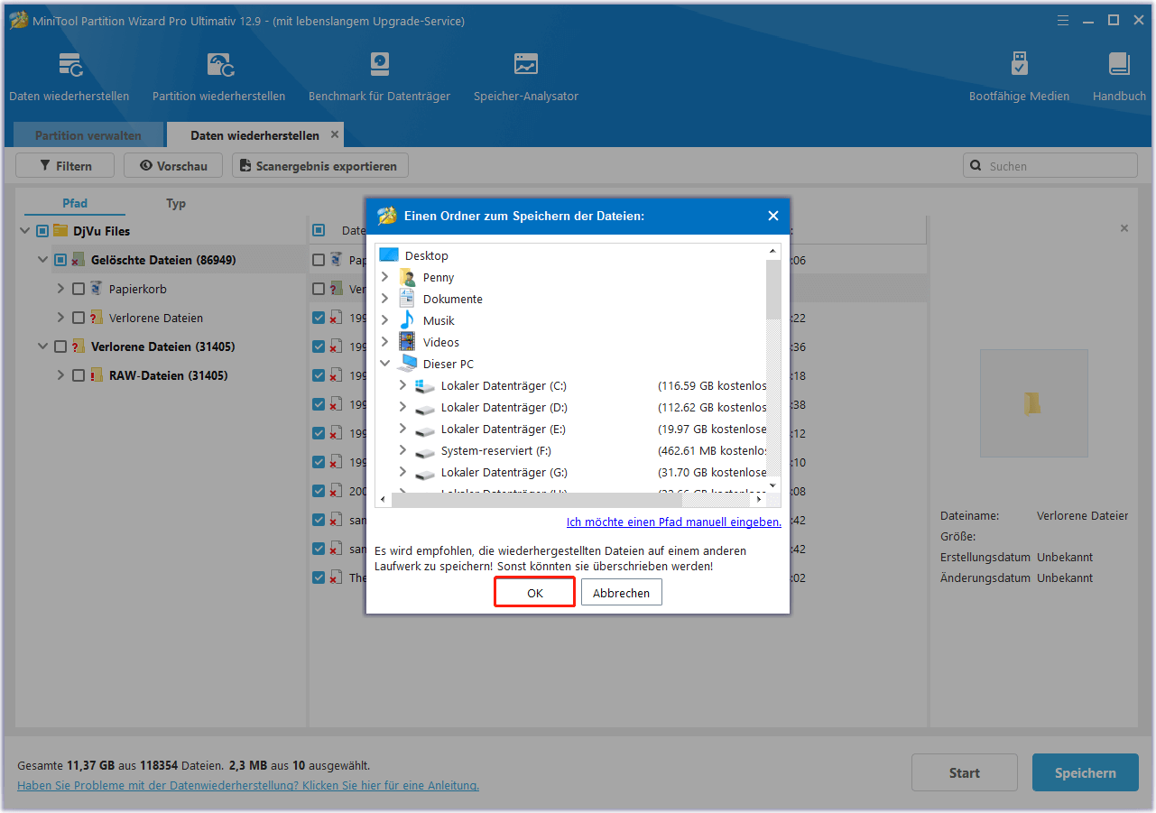 Wählen Sie einen Speicherort für die wiederhergestellten Dateien