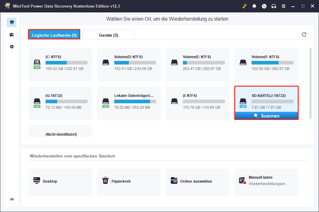 Mit der Maus über die Zielpartition fahren und auf Scannen klicken, um den Scanvorgang in MiniTool Power Data Recovery zu starten