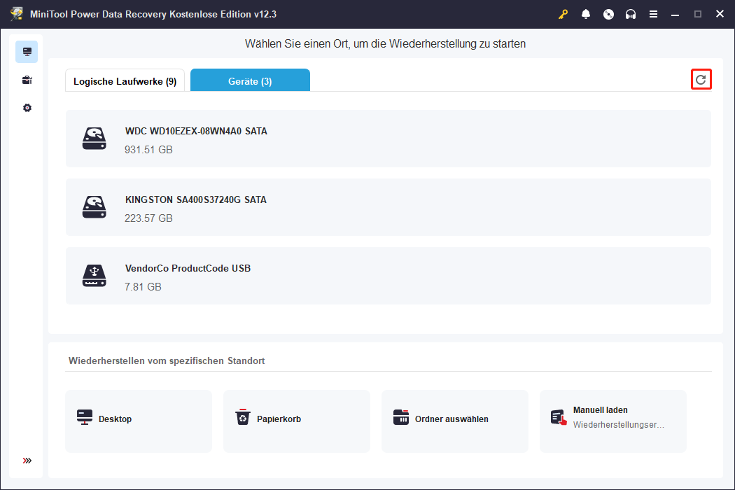 Klicken Sie auf Aktualisieren, um Ihr Gerät in MiniTool Power Data Recovery anzuzeigen