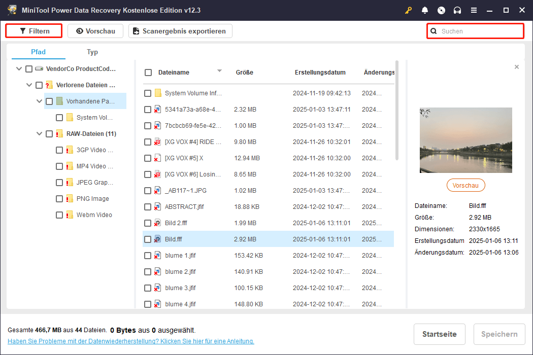 Die Filtern- und Suchfunktionen von MiniTool Power Data Recovery