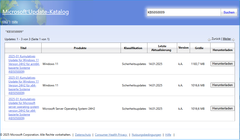 Laden Sie die eigenständigen Pakete für KB5050009 aus dem Microsoft Update-Katalog herunter