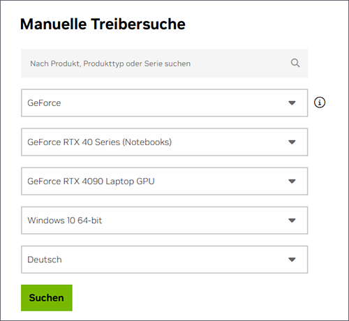 Suchen Sie nach dem Grafikkartentreiber auf der NVIDIA-Website zum Herunterladen