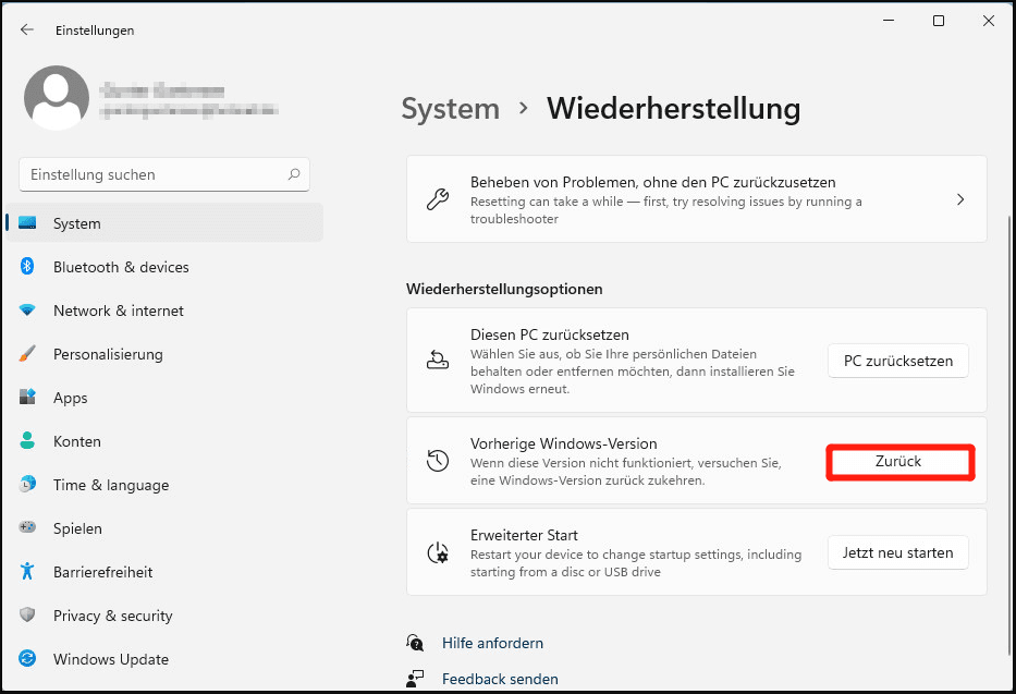 Zurück zur vorherigen Windows 11 Version gehen