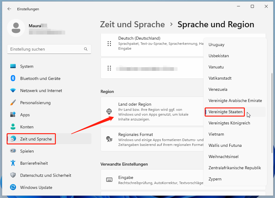 Land oder Region in Windows 11 ändern