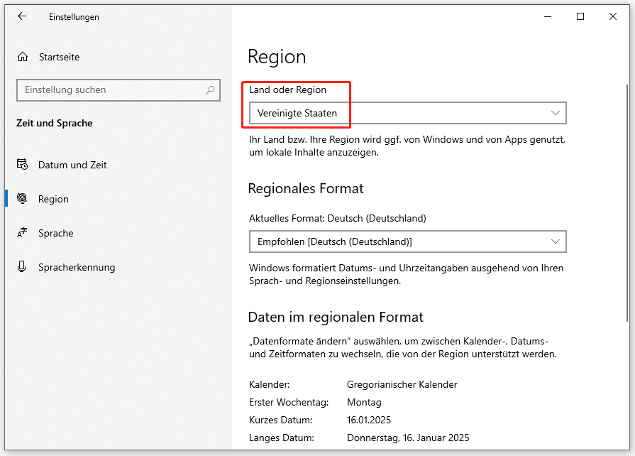 Land in Windows-Einstellungen auf „Vereinigte Staaten“ ändern