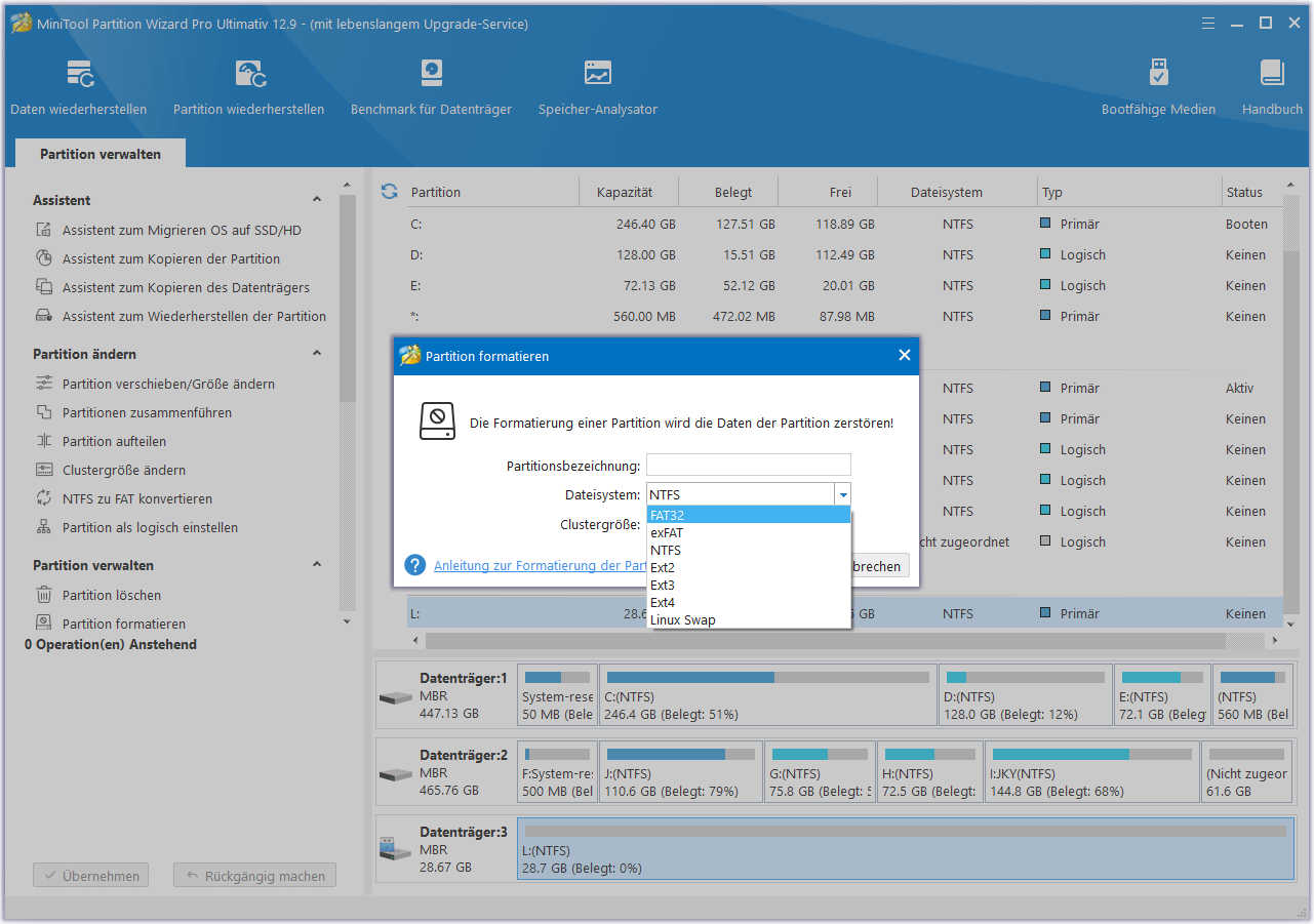 wählen Sie ein Dateisystem in MiniTool Partition Wizard