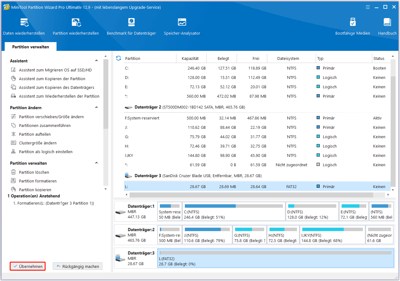 klicken Sie auf Übernehmen in MiniTool Partition Wizard