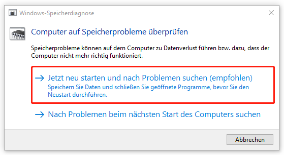 klicken Sie auf „Jetzt neu starten und nach Problemen suchen (empfohlen)“