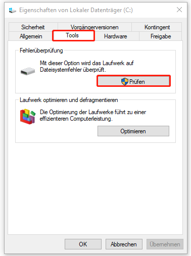 Laufwerk C im Datei-Explorer auf Fehler überprüfen